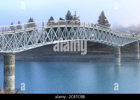 Lake Tekapo footbridge in winter conditions Stock Photo