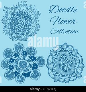 Doodle flower collection. Hand drawn fantastic flower in blue color. Line art vector illustration for design and print. Stock Vector