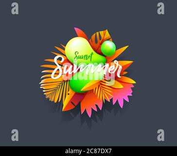 Summer sticker, tropical banner template. Liquid abstract bubble with tropic flowers, floral and geometric elements. Vector Suitable for social media Stock Vector