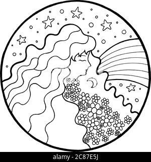 Fairy tales coloring page with girl with flower in hair. Hand drawn vector illustration with woman, star, moon, night sky and rainbow. Art for design, Stock Vector