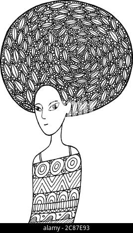 African girl coloring page in boho fashion style. Hand drawn vector zentangle illustration for adult and children fairy tales coloring book. Stock Vector