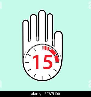 raised, open hand with a watch on it. Time for rest or break, pause. 15 minutes or seconds. Flat design. Stock Vector