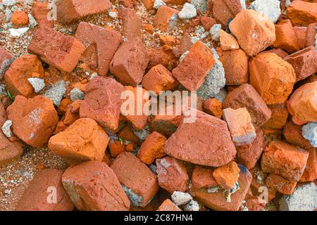 Pieces Of Red Clay Bricks Background Texture Image. Stock Photo