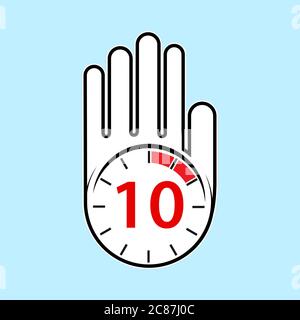raised, open hand with a watch on it. Time for rest or break, pause. 10 minutes or seconds. Flat design. Stock Vector