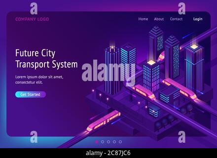 Futuristic town with train highway and skyscrapers at night. Future city transport system banner. Vector landing page of innovation in transport infrastructure with isometric cityscape Stock Vector