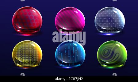 Force shield bubbles, energy glowing spheres or defense dome fields. Science fiction various deflector color elements, firewall absolute protection isolated on background, Realistic 3d vector set Stock Vector