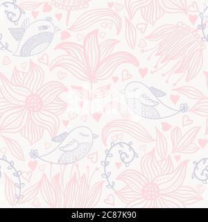 vector floral seamless pattern with flowers and birds Stock Vector