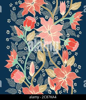 vertical seamless colorful floral pattern in doodle style with flowers. leaves and birds.  Vector Stock Vector