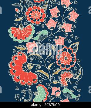 vertical seamless colorful floral pattern in doodle style with flowers. leaves and birds.  Vector Stock Vector
