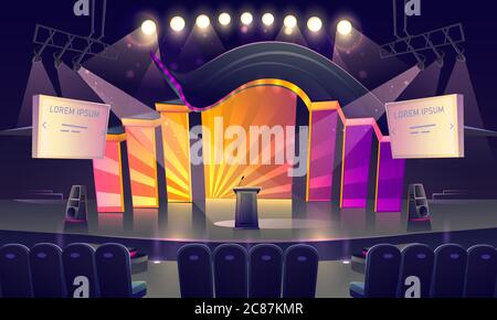Stage with tribune, bright decoration and spotlights. Vector cartoon illustration of empty scene for presentation, conference and public event with pulpit, screens and seats for audience Stock Vector