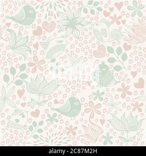 vector floral seamless pattern with flowers and birds Stock Vector