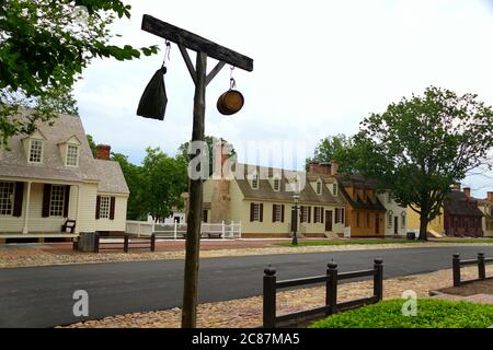 Williamsburg, Virginia, U.S.A - June 30, 2020 - The view of the street with beautiful colonial homes and stores Stock Photo