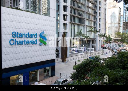Hong Kong,China:29 Jun,2020.   The Standard Chartered Bank HQ (L) beside the HSBC Main Building, headquarters of The Hong Kong and Shanghai Banking Co Stock Photo
