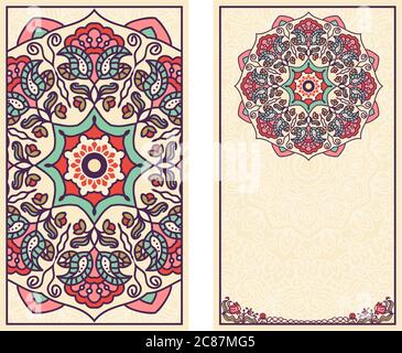 Set of wedding invitations or greeting cards with colorful mandala on beige background. Business card. Vintage decorative elements. Vector. Stock Vector