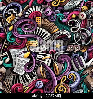 Music hand drawn doodles seamless pattern. Musical instruments background. Cartoon fabric print design. Colorful vector art illustration Stock Vector