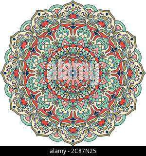 Colorful Floral hand drawn Mandala. Circle ornament in retro colors. Traditional Oriental pattern, vector illustration. Stock Vector