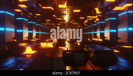 3d render sci-fi style corridor with glowing floor, ceiling and pillar. Stock Photo