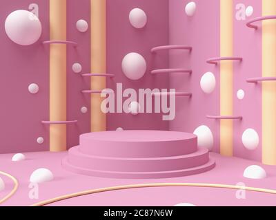 3d render empty cylinder stand in pink room decorated with white spheres, yellow pillars and ring. Stock Photo