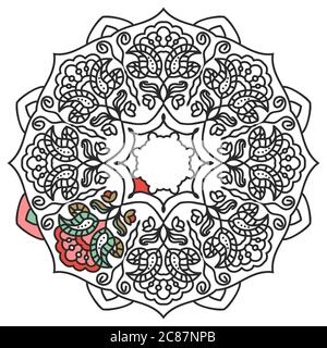 Floral hand drawn Mandala. Coloring book page. Anti-stress therapy pattern. Vector abstract round floral ornament in black and white Stock Vector