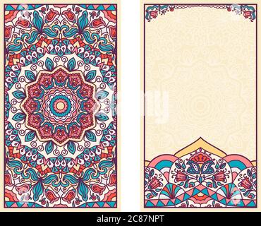 Set of wedding invitations or greeting cards with colorful mandala on beige background. Business card. Vintage decorative elements. Vector. Stock Vector
