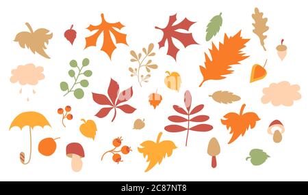 Cozy bright autumn. Vector set of autumn drawings. Colored various leaves and branches, acorns and mushrooms, an umbrella and a cloud with rain. All Stock Vector