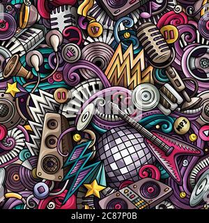 Cartoon cute doodles Disco music seamless pattern Stock Vector