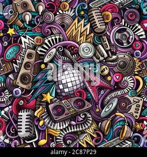 Cartoon cute doodles Disco music seamless pattern Stock Vector