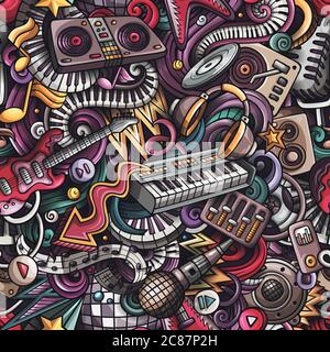 Cartoon cute doodles Disco music seamless pattern Stock Vector