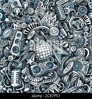 Cartoon cute doodles Disco music seamless pattern Stock Vector