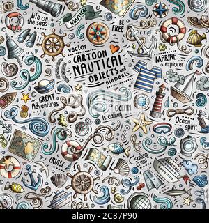 Cartoon doodles Nautical illustration with lots of objects Stock Vector