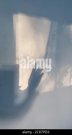 Touching female hand silhouette with long delicate fingers touch defocus shadows on old wall surface. Weird shadowy composition with palm of hand Stock Photo