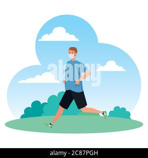 man running wearing medical mask outdoor, prevention coronavirus covid 19 Stock Vector