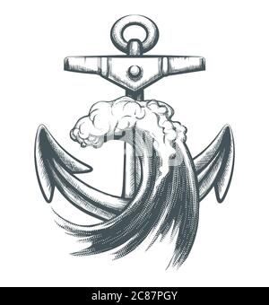 Big ocean wave and ship anchor tattoo. Vector illustration. Stock Vector