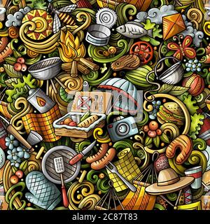 Picnic hand drawn doodles seamless pattern. BBQ background. Stock Vector