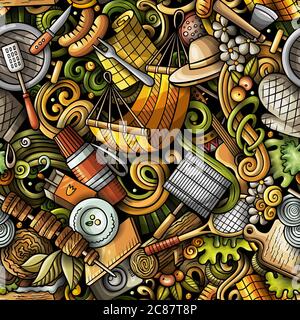 Picnic hand drawn doodles seamless pattern. BBQ background. Stock Vector