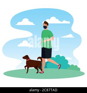 man in sportswear wearing medical mask, with dog outdoor, prevention coronavirus covid 19 Stock Vector