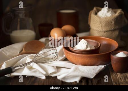 Bakery and bread baking concept. Dough ingredients close up Stock Photo