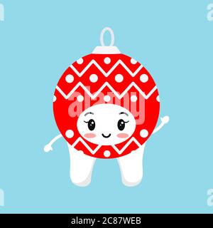 Cute tooth in red christmas ball carnival costume isolated on white background. Stock Vector