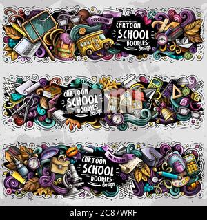 Cartoon cute colorful vector hand drawn doodles School horizontal compositions Stock Vector