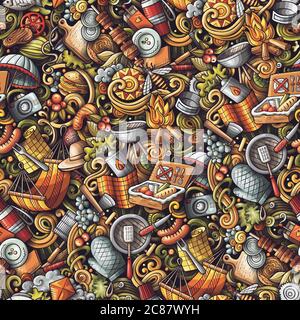 Picnic hand drawn doodles seamless pattern. BBQ background. Stock Vector