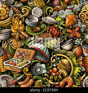 Picnic hand drawn doodles seamless pattern. BBQ background. Stock Vector