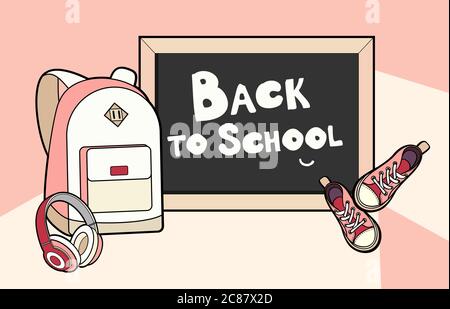 Back to school lettering vector illustration. Backpack, chalkboard, sneakers and headphones vector isolated set. Stock Vector