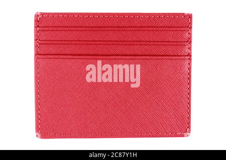Red leather wallet for money, credit and discount cards. Red leather texture with stitching. Wallet isolated on white background with clipping path Stock Photo