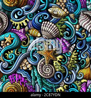 Cartoon doodles under water life seamless pattern Stock Vector