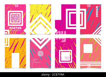 Poster vector mockup template set. Hand drawn pink yellow illustration background, decorative elements design catalog Stock Vector