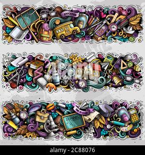 Cartoon cute colorful vector hand drawn doodles School horizontal compositions Stock Vector