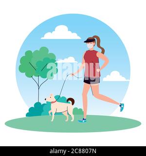 woman in sportswear wearing medical mask, with dog outdoor, prevention coronavirus covid 19 Stock Vector