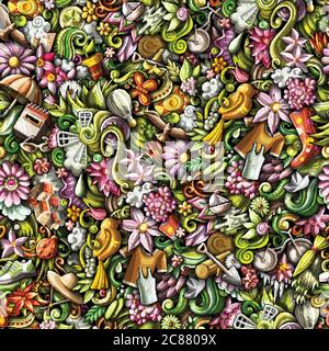 Cartoon cute doodles hand drawn Spring seamless pattern. Stock Vector