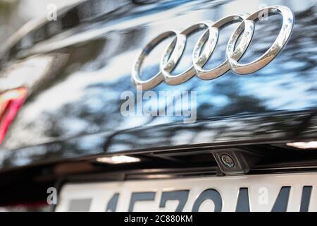 GRODNO, BELARUS - DECEMBER 2019: Audi A6 4G C7 Luxury car rear view camera close up parking assistance. Concept safety car driving while parking proce Stock Photo