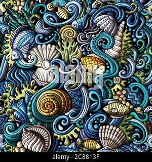 Cartoon doodles under water life seamless pattern Stock Vector